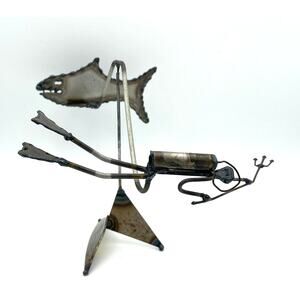 Vintage Scuba Diver and Shark Metal Kinetic Sculpture Certo Italian Handcraft